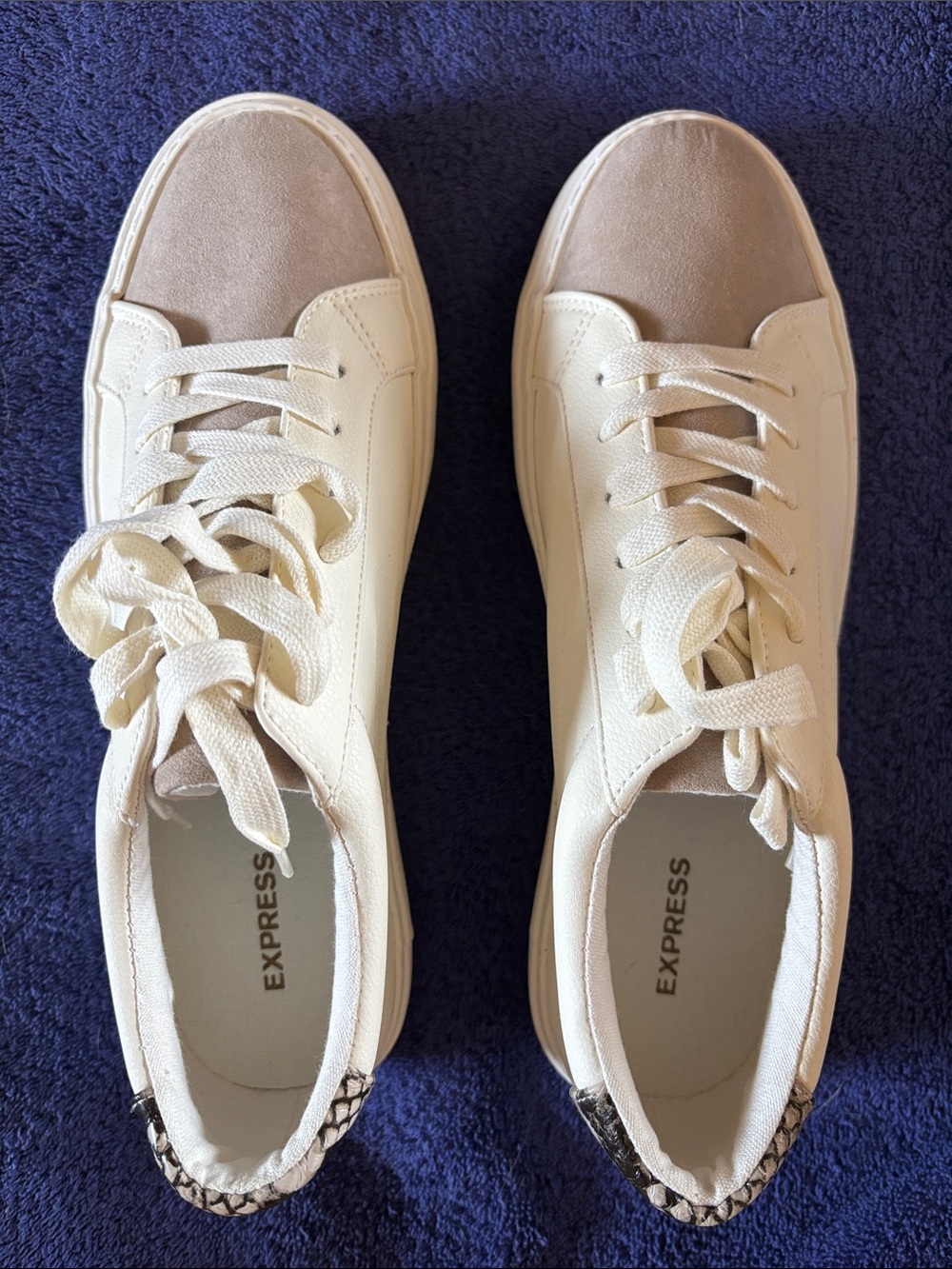 Express Cream and Taupe Low-Top Sneakers with Snake-Print Heel